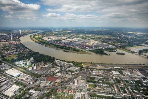 Aerial view, flood river Rhine, logport I, logistics terminal, container port, automobile
