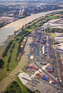 Aerial view, flood river Rhine, logport I, logistics terminal, container port, automobile