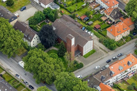 Aerial view, catholic church St. Joseph, Wedau, Duisburg, Ruhr area, North Rhine-Westphalia,