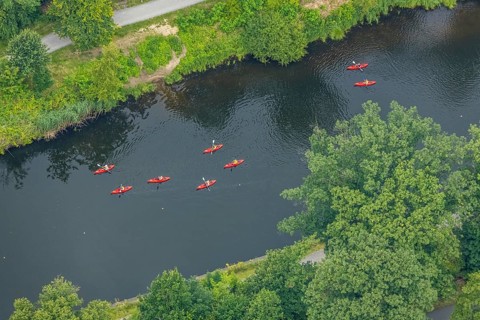 Aerial view, red kayaks at the regatta course, Neudorf, Duisburg, Ruhr area, North