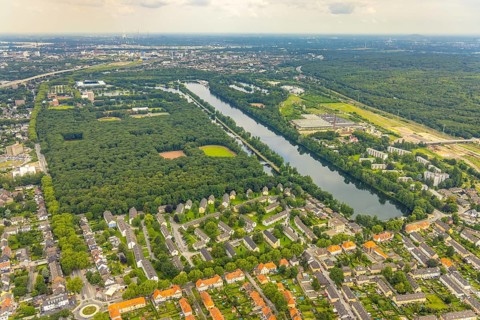 Aerial view, sports park Duisburg with Schauinsland-Reisen-Arena and sports school Wedau, regatta