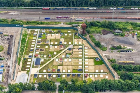 Aerial view, construction site and new railway allotment garden site at the former marshalling yard
