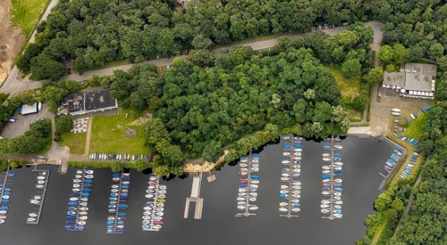 Aerial view, Duisburger Yacht-Club at Masurensee, 6-Seen-Platte, Wedau, Duisburg, Ruhr area, North