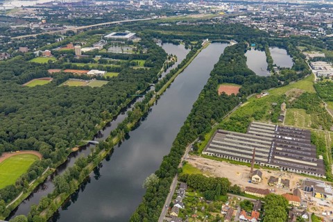 Aerial view, Sportpark Duisburg with Schauinsland-Reisen-Arena and sports school Wedau, regatta