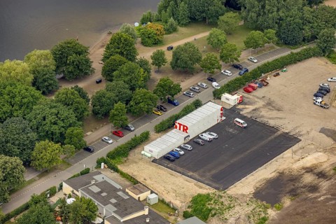 Aerial view, Strabag construction container at Lake Masuria, Wedau, Duisburg, Ruhr area, North