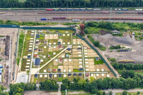 Aerial view, construction site and new railway allotment garden site at the former marshalling yard