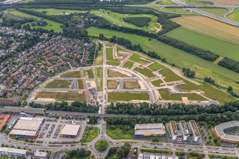 Aerial view, new development area Am Alten Angerbach, new housing estate Angerbogen, Düsseldorfer