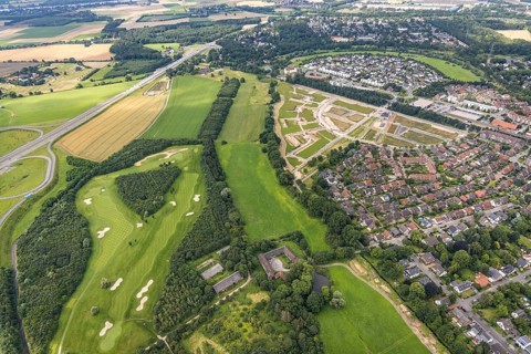 Aerial view, new development area Am Alten Angerbach, new housing estate Angerbogen, Düsseldorfer