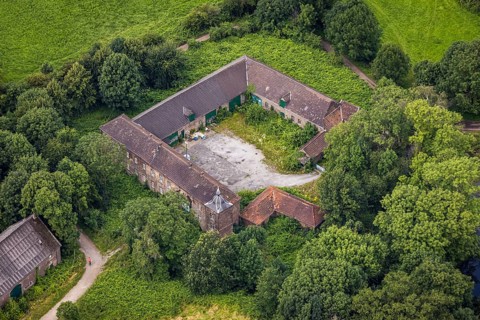 Aerial view, Gut Böckum, Huckingen, Duisburg, Ruhr area, North Rhine-Westphalia, Germany, DE,