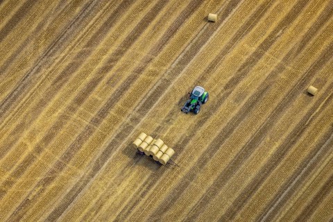 Aerial view, tractor harvesting grass, Mündelheim, Duisburg, Ruhr area, North Rhine-Westphalia,
