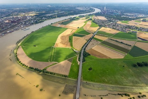 Aerial view, Rhine meadows Mündelheim and Rheinaue Ehingen, river Rhine Rhine arch, Uerdinger Rhine