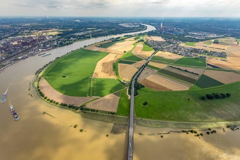 Aerial view, Rhine meadows Mündelheim and Rheinaue Ehingen, river Rhine Rhine arch, Uerdinger Rhine
