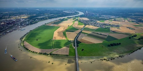 Aerial view, Krefeld-Uerdingen bridge, flood river Rhine, flooding Rhine floodplain Mündelheim,