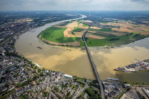 Aerial view, Krefeld-Uerdingen bridge, flood river Rhine, flooding Rhine floodplain Mündelheim,