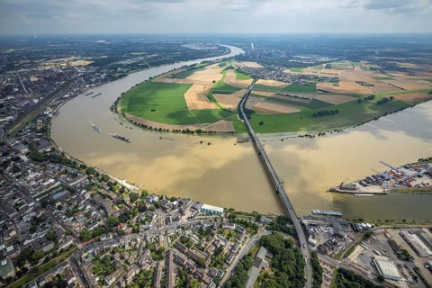 Aerial view, Krefeld-Uerdingen bridge, flood river Rhine, flooding Rhine floodplain Mündelheim,