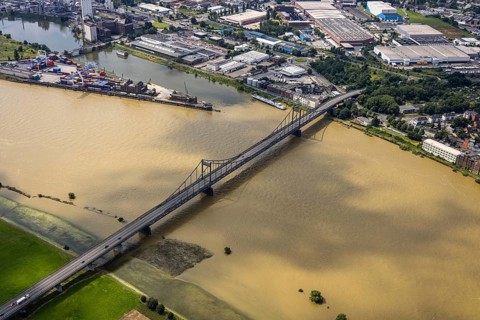Aerial view, Krefeld-Uerdingen bridge, flood river Rhine, Ürdingen, Krefeld, Ruhr area, North