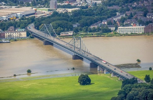 Aerial view, Krefeld-Uerdingen bridge, Duisburg, flood river Rhine, Ürdingen, Krefeld, Ruhr area,