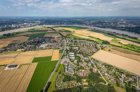 Aerial view, Rhine meadows Mündelheim and Rheinaue Ehingen, river Rhine Rhine arch, Uerdinger Rhine