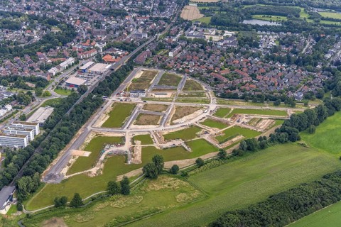 Aerial view, new development area Am Alten Angerbach, new housing estate Angerbogen, Düsseldorfer