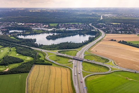 Aerial view, motorway junction Duisburg-Süd at Rahmer See, A524 and A59, Rahm, Duisburg, Ruhr area,