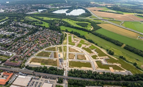 Aerial view, new development area Am Alten Angerbach, new housing estate Angerbogen, Düsseldorfer