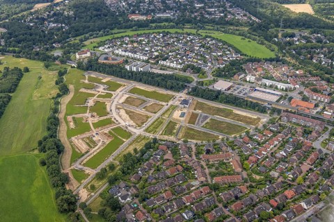 Aerial view, new development area Am Alten Angerbach, new housing estate Angerbogen, Düsseldorfer