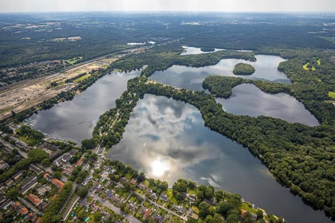 Aerial view, 6-Lakes-Platte, Wedau, Duisburg, Ruhr area, North Rhine-Westphalia, Germany, DE,