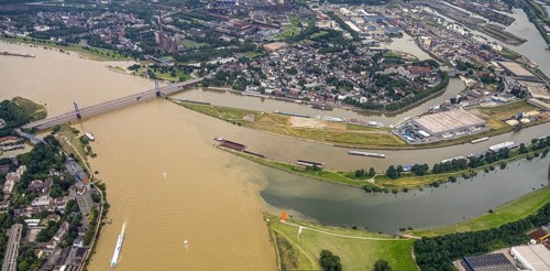 Aerial view, flood river Rhine, Ruhr estuary into the Rhine, Friedrich-Ebert-Bridge, Rhine orange