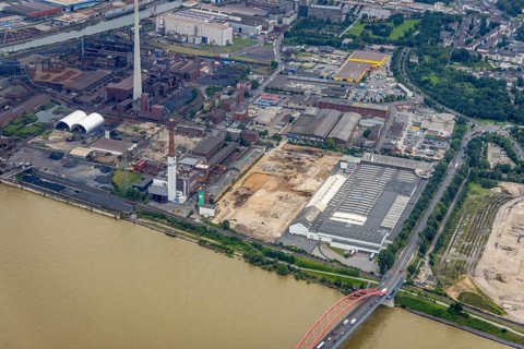 Aerial view, Chemion plant site, Wörthstraße, construction area at the Bridge of Solidarity,