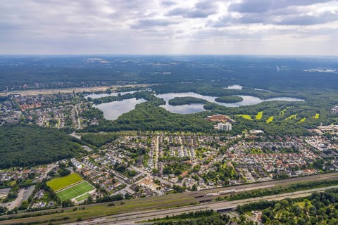Aerial view, 6-lakes-plate, district Buchholz, Duisburg, Ruhr area, North Rhine-Westphalia,