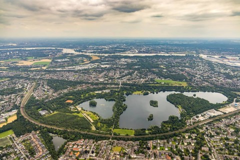 Aerial view, Toeppersee and district Rumeln-Kaldenhausen, Duisburg, Ruhr area, North