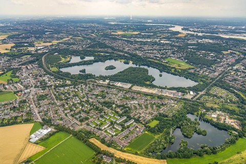 Aerial view, Toeppersee and district Rumeln-Kaldenhausen, Duisburg, Ruhr area, North
