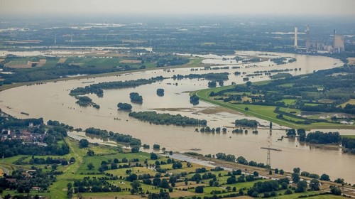 Aerial view, flood river Rhine, flooding floodplain Rhine Walsum, near STEAG power plant Voerde,