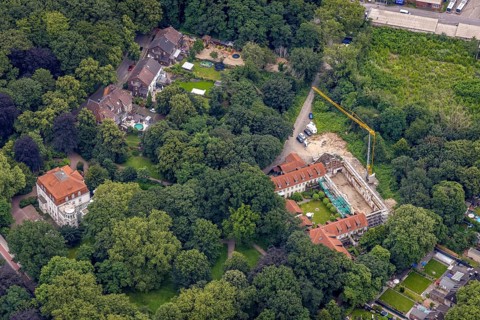 Aerial view, construction site and new building, residential complex in Baumstraße, Alt-Homberg,