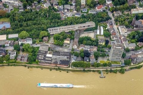Aerial view, Hotel Rheingarten on the banks of the Rhine, shipping traffic on the river Rhine,