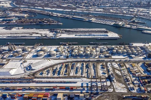 Aerial view, northern harbour, overview harbour Ruhrort, oil island, Ruhrort, Duisburg, Ruhr area,