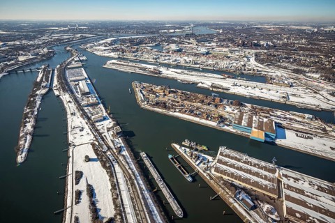 Aerial view, northern harbour, overview harbour Ruhrort, Ruhrort, Duisburg, Ruhr area, North