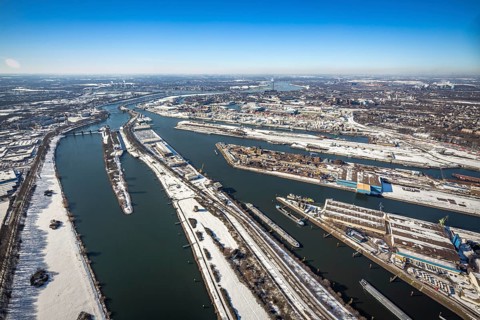 Aerial view, northern harbour, harbour area Ruhrort, Ruhrort, Duisburg, Ruhr area, North