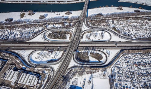 Aerial view, motorway junction Duisburg, A59 and A40, Kaßlerfeld, Duisburg, Ruhr area, North