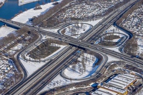 Aerial view, motorway junction Duisburg, A59 and A40, Kaßlerfeld, Duisburg, Ruhr area, North
