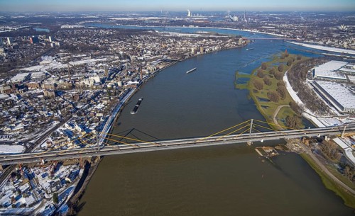 Aerial view, A40 Rhine bridge Neuenkamp, river Rhine, Homberg, Duisburg, Ruhr area, North