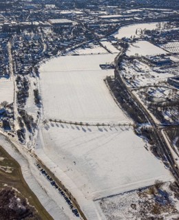 Aerial view, snow-covered Rhine meadows, Bergheim, Duisburg, Ruhr area, North Rhine-Westphalia,