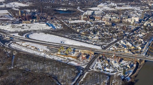 Aerial view, A40 Rhine bridge Neuenkamp, motorway exit Duisburg-Homberg, motorway A40, A40 weighing