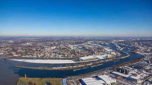 Aerial view, northern harbour, mouth of the Ruhr at the Mercatorinsel into the Rhine,