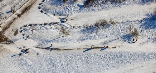 Aerial view, snow-covered Rhine meadows, Bergheim, Duisburg, Ruhr area, North Rhine-Westphalia,
