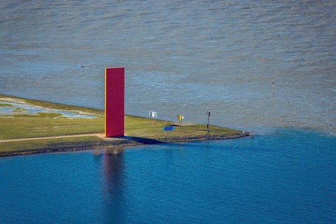 Aerial view, Sculpture Rhine orange, Sign in the landscape, Ruhr estuary into the Rhine, Ruhrort,