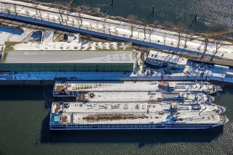 Aerial view, container ships in the northern harbour, Ruhrort, Duisburg, Ruhr area, North