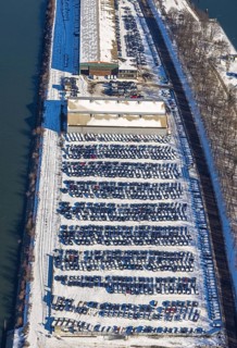 Aerial photo, car warehouse Salloum Logistics, Pontwert, Ruhrort, Duisburg, Ruhr area, North