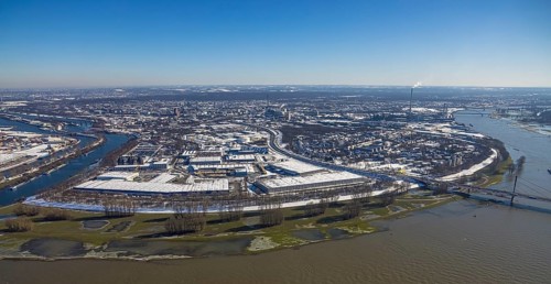 Aerial view, industrial estate Am Blumenkampshof, A40 Rhine bridge Neuenkamp, Alt-Homberg,