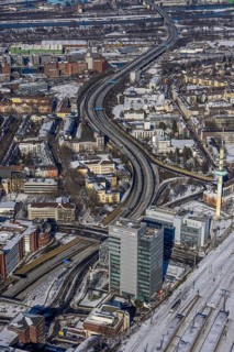 Aerial view, motorway A59, telecommunications tower, Dellviertel, Duisburg, Ruhr area, North